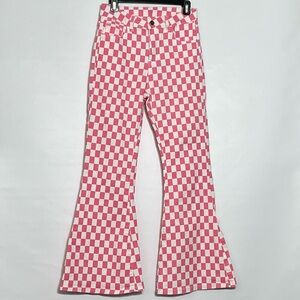 JEANS high waist bell bottom jeans size 10 pink and white gently used.